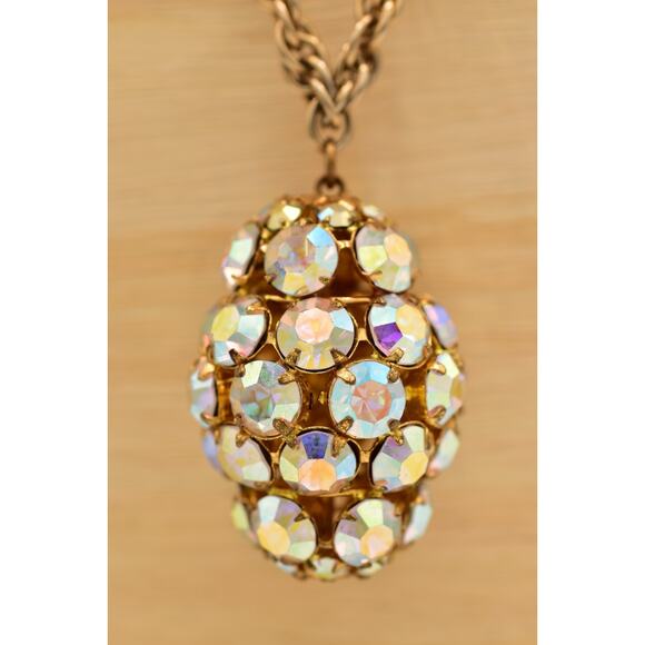 Vintage Crystal Pendant Necklace Open Bezel Aurora Borealis Gold Tone 80s Bin6A - Picture 8 of 11